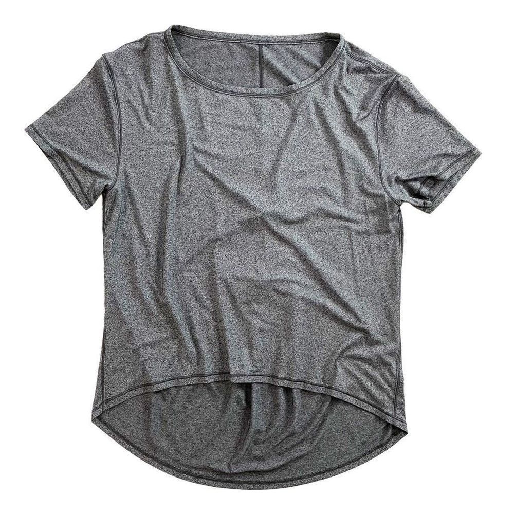 Lululemon Fall In Place Short Sleeve Top High-Low Hem Heathered Black Grey 4